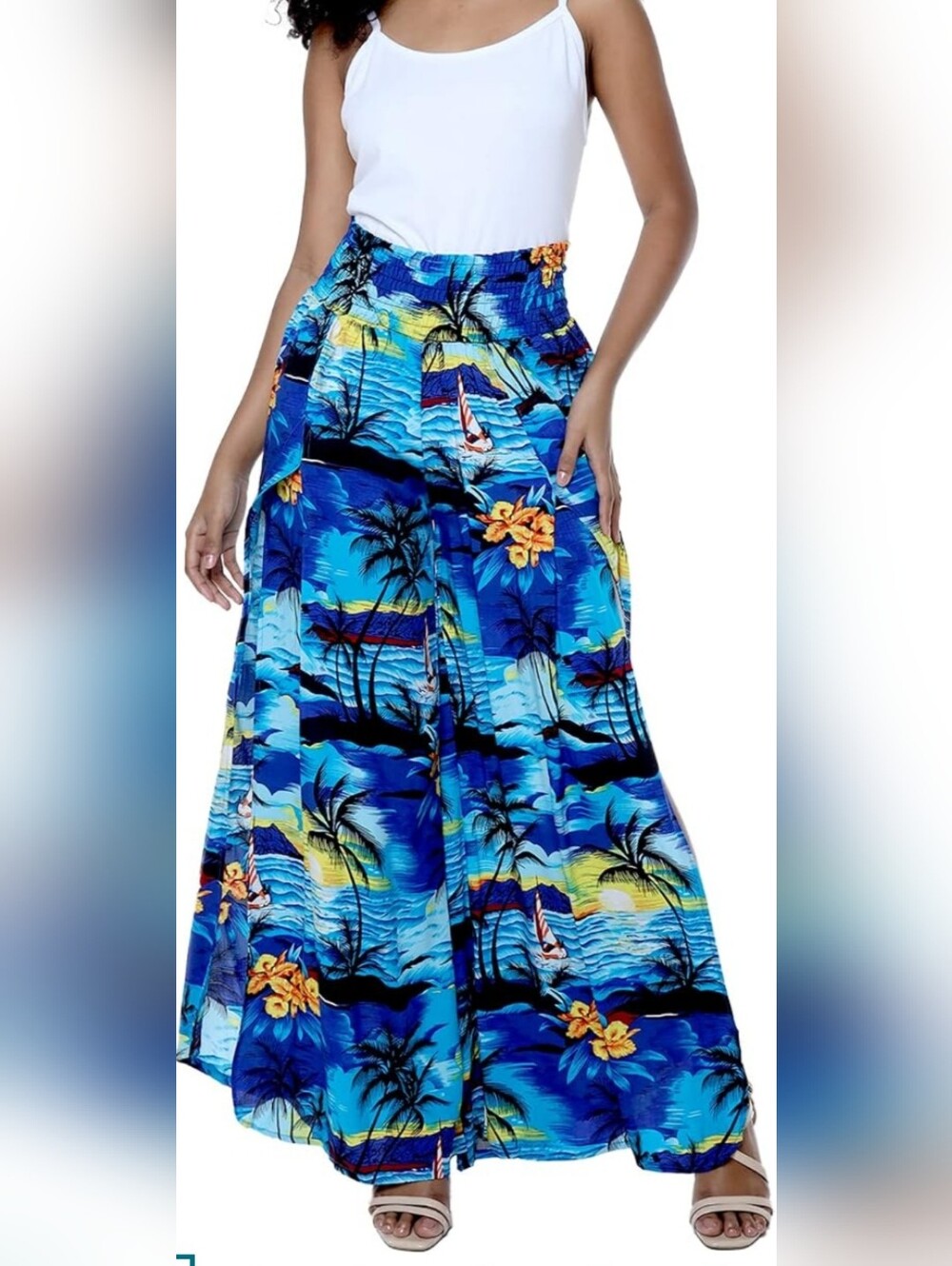 Blue Tropical Print Wide Leg Pants XL=L